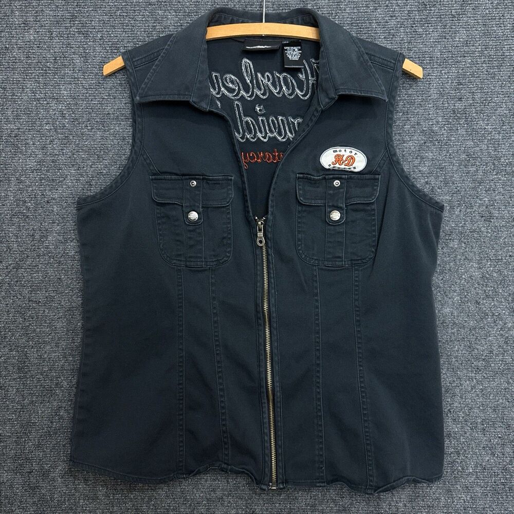 Harley Davidson Vest Women’s XL Black Denim Fitted Embroidered Motorcycle Biker